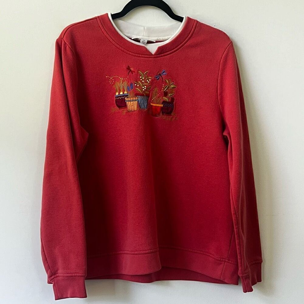 Breckenridge Women's Red Embroidered Floral Pullover Sweatshirt Size XL